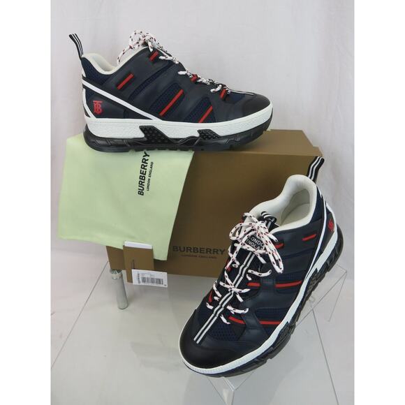 NIB BURBERRY UNION NAVY LEATHER MESH RED LOGO LOW TOP SNEAKERS 11 US 44 ITALY - Picture 2 of 12